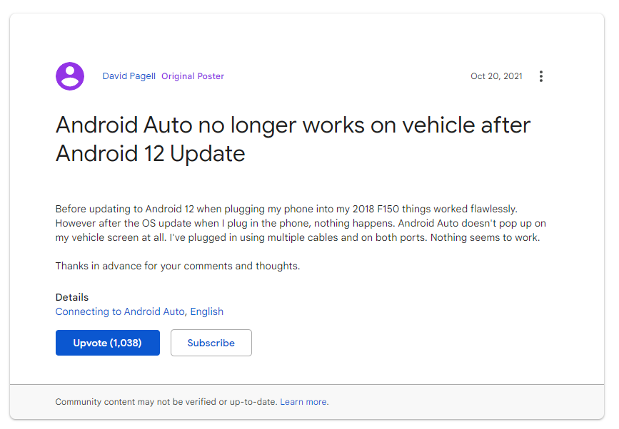 NOTE：ANDROID AUTO NO LONGER WORKS ON VEHICLE AFTER ANDROID 12 UPDATE